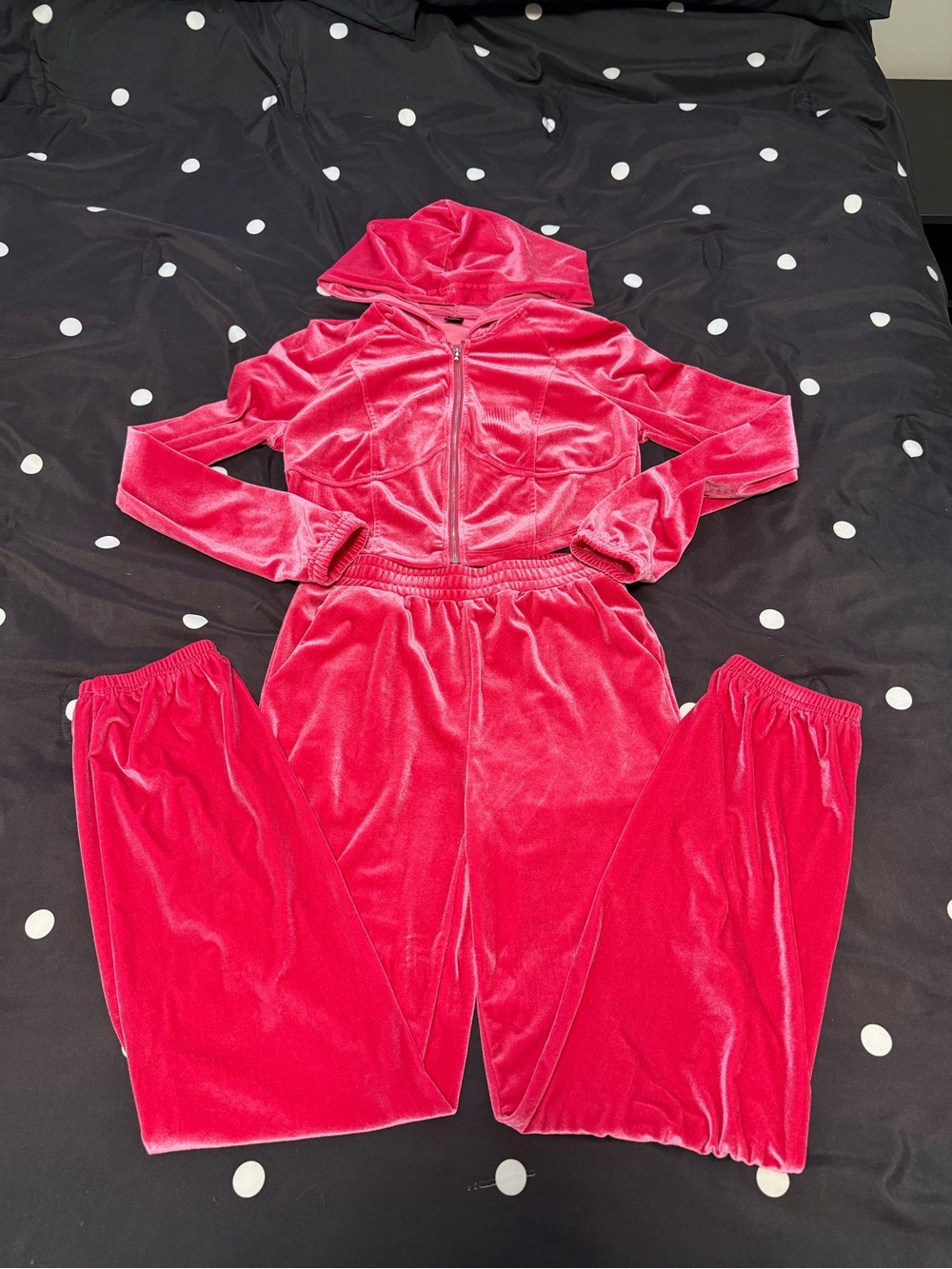 Velour Cropped Zip Hoodie & Sweatpants Set in Bright Pink